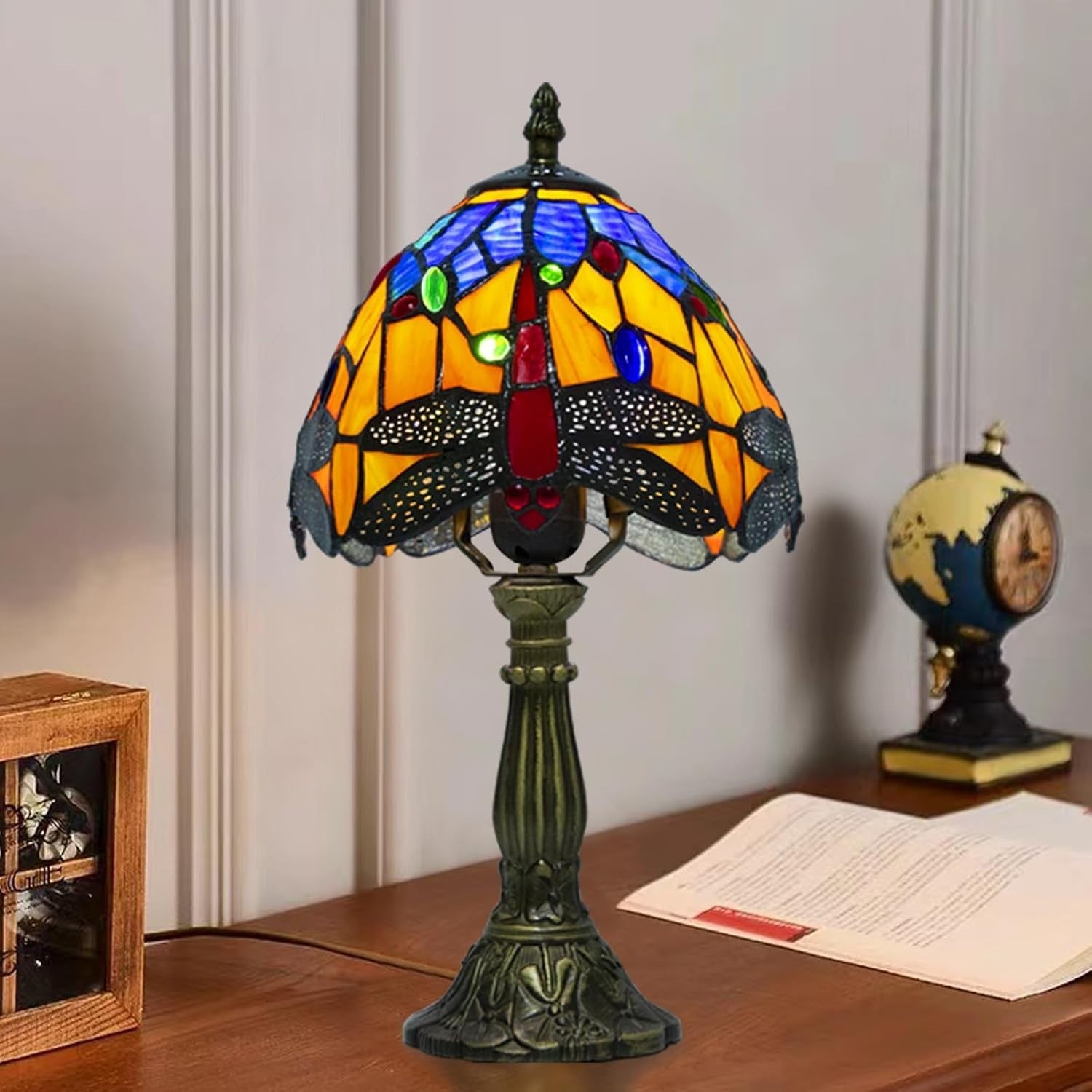 Orange Blue Dragonfly Tiffany Lamp, Dimmable LED, Vintage Resin Base