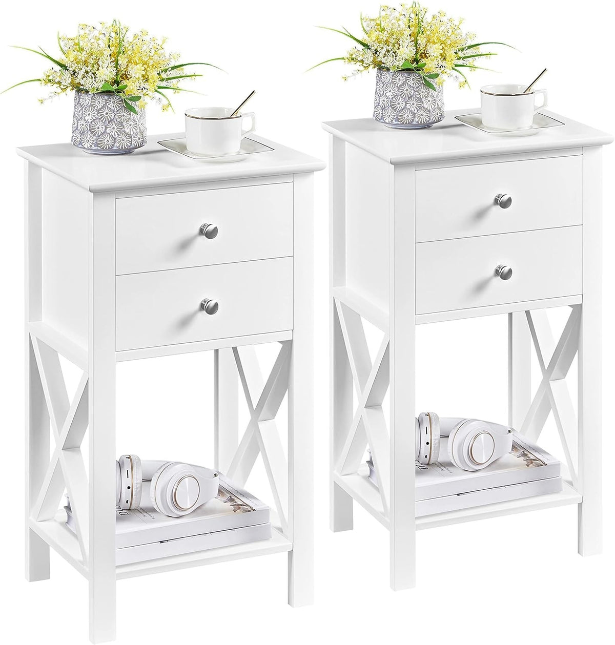 Set of 2 Tall White Bedside Tables with 2 Drawers & Shelf | Slim X-Frame