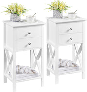 Set of 2 Tall White Bedside Tables with 2 Drawers & Shelf | Slim X-Frame