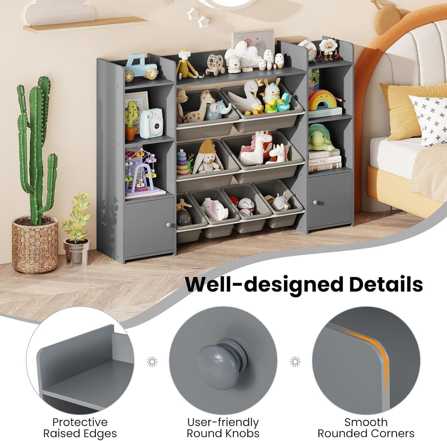 Kids Toy Storage Unit with Bins & Shelves – Large Grey Bookshelf 142cm