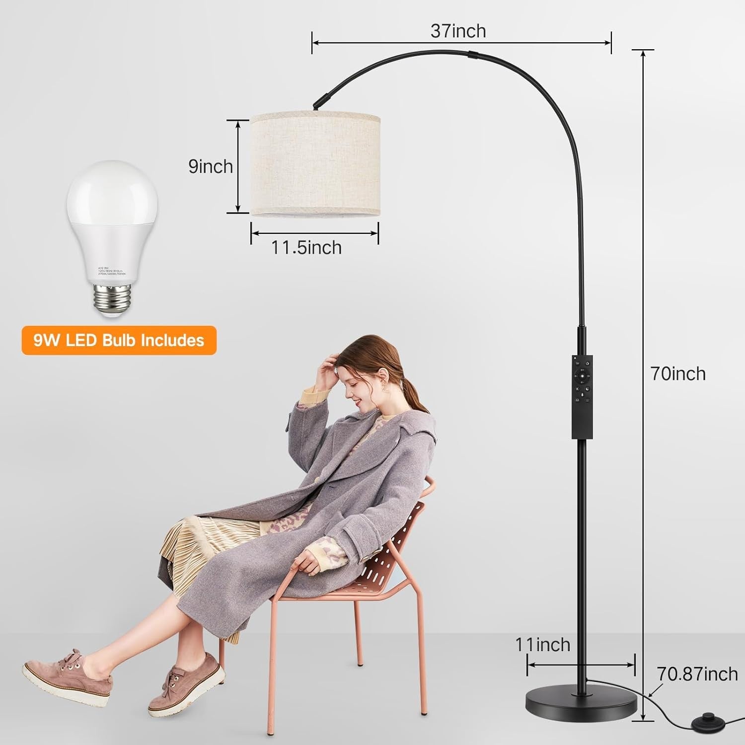 Arc Floor Lamp Dimmable Remote Control LED Standing Light Black 70in