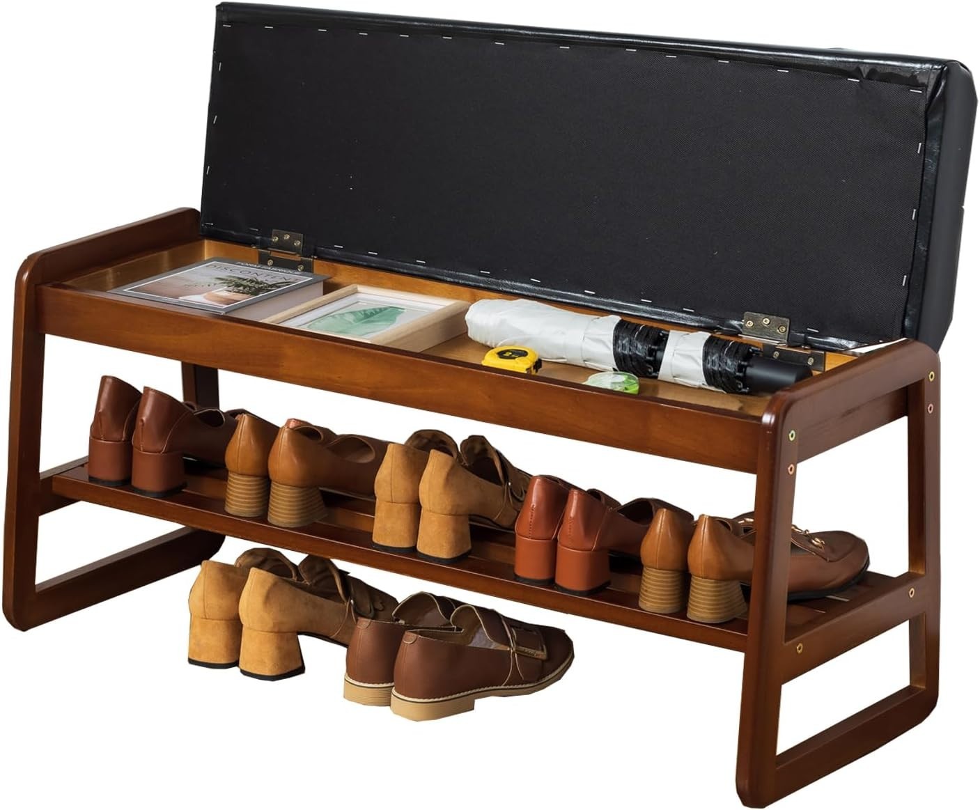 Contemporary Black Solid Wood Shoe Bench with Cushion & Hidden Storage