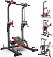 Black Power Tower Dip Station Pull-Up Bar with Supine Board Home Gym