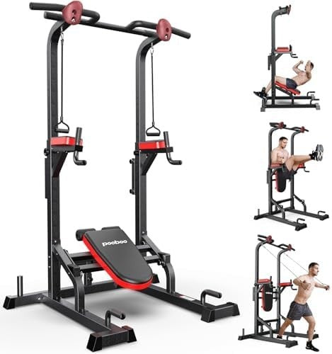 Black Power Tower Dip Station Pull-Up Bar with Supine Board Home Gym