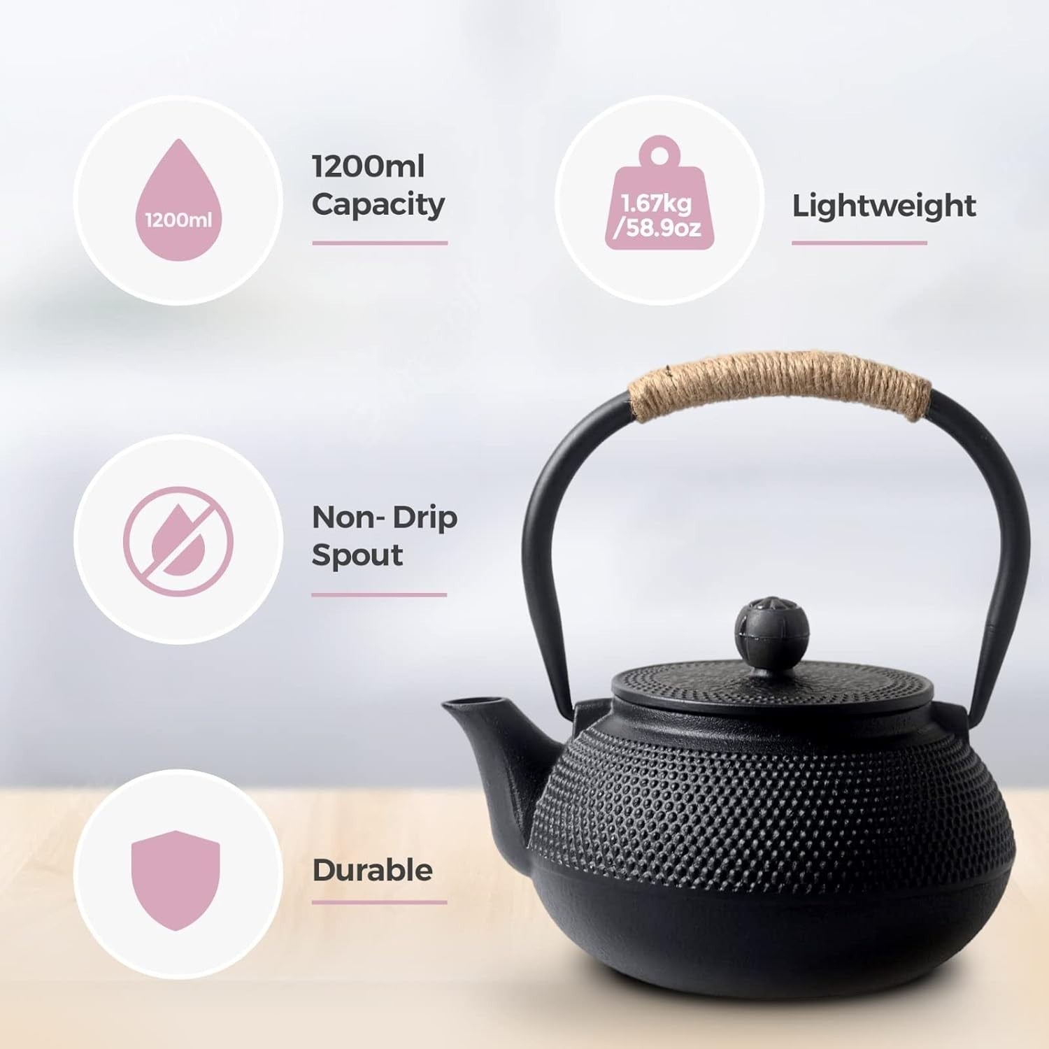 Cast Iron Teapot 1200ml Chinese Tetsubin Tea Pot w/ Infuser Black