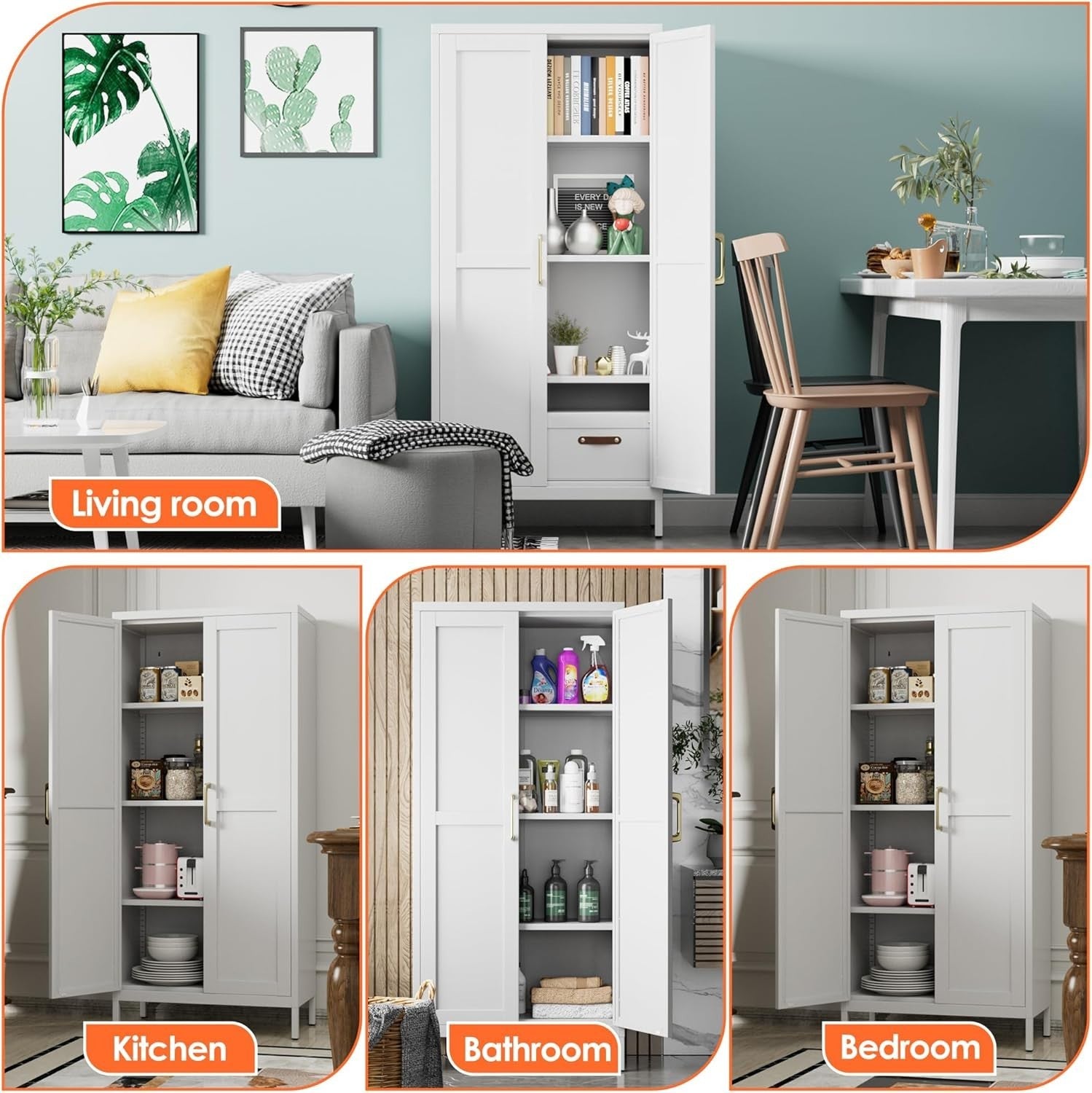 White Metal Office Storage Cabinet 2 Doors Adjustable Shelves 155H