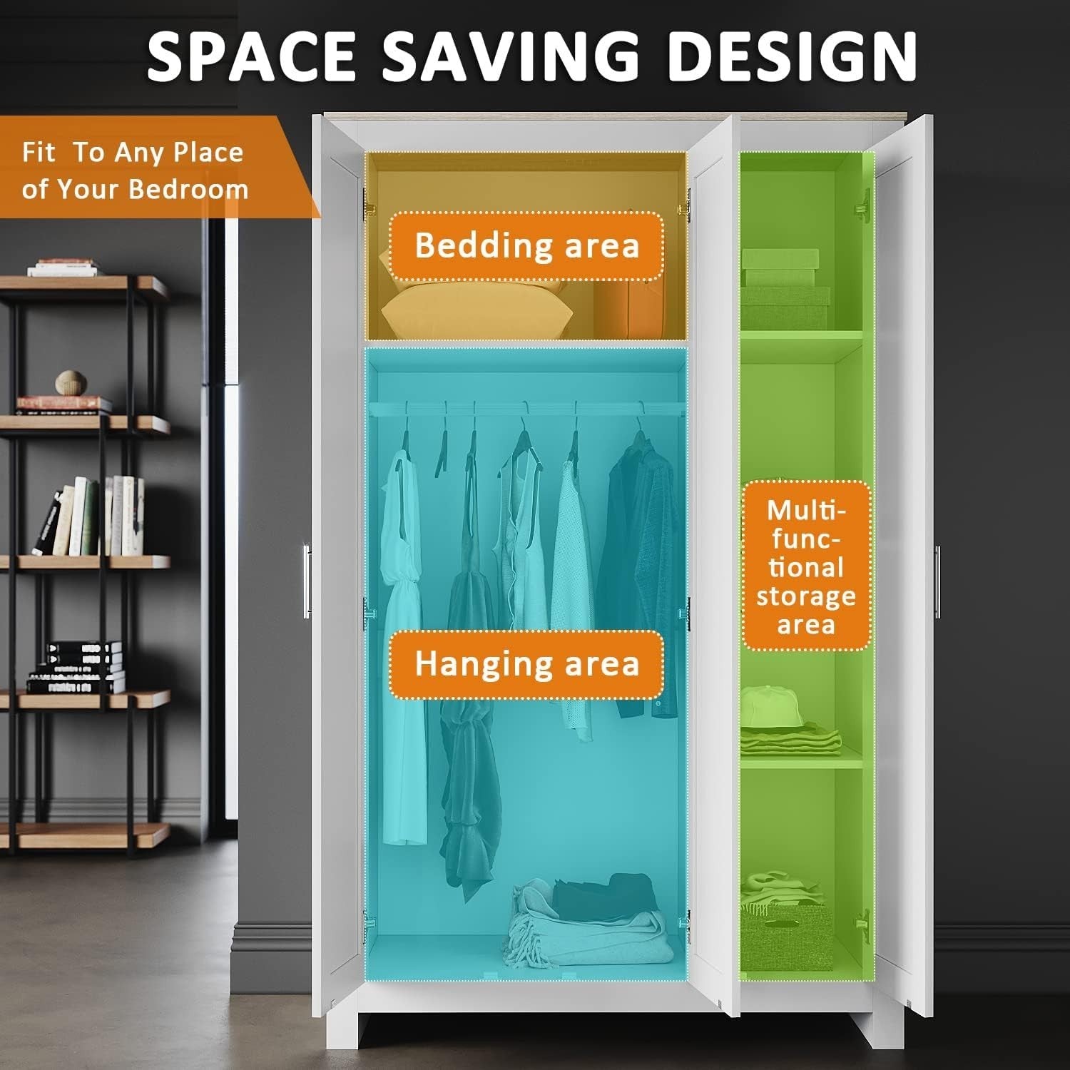3-Door Wooden Wardrobe with Hanging Rail & 4 Shelves – Durable Storage