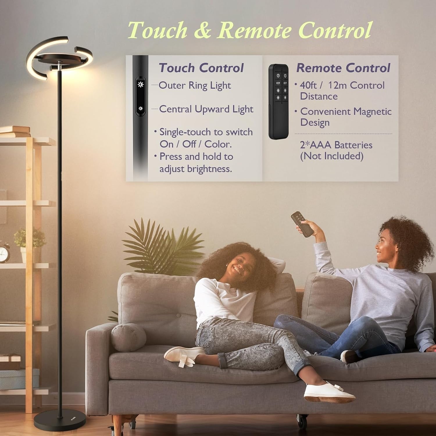 Modern LED Floor Lamp Dimmable Remote Touch Eye Caring Uplighter Black