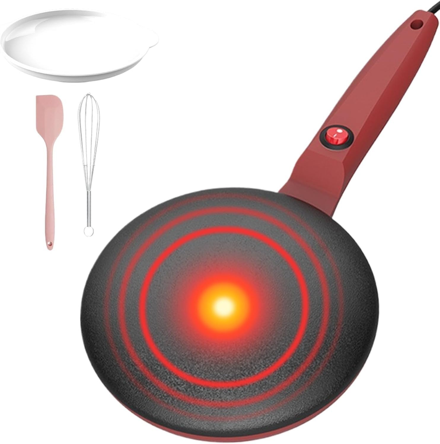8" Electric Crepe Maker Non-Stick Pancake Pan Long Handle Auto Temp Control Red