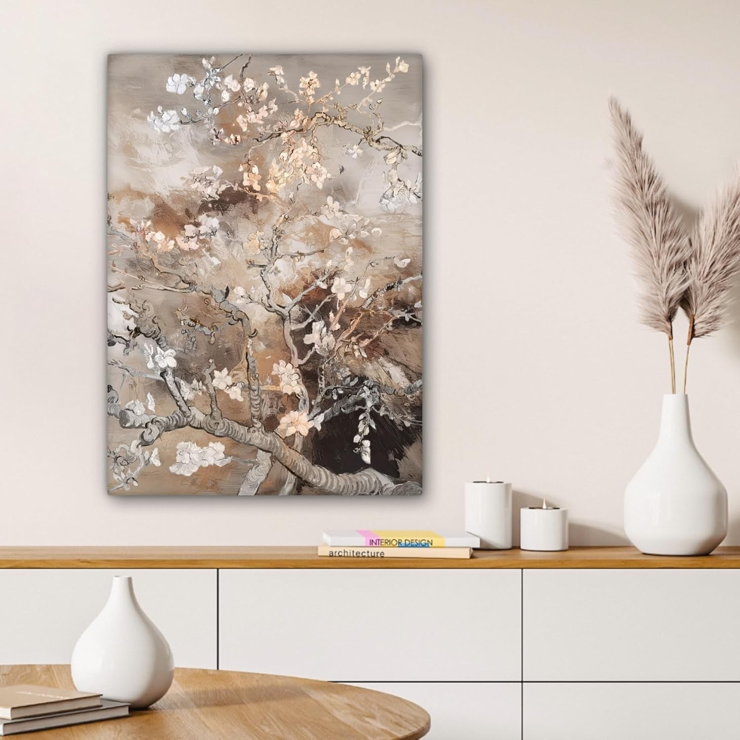 Large Framed Canvas Wall Art 50x70cm Almond Blossom Beige