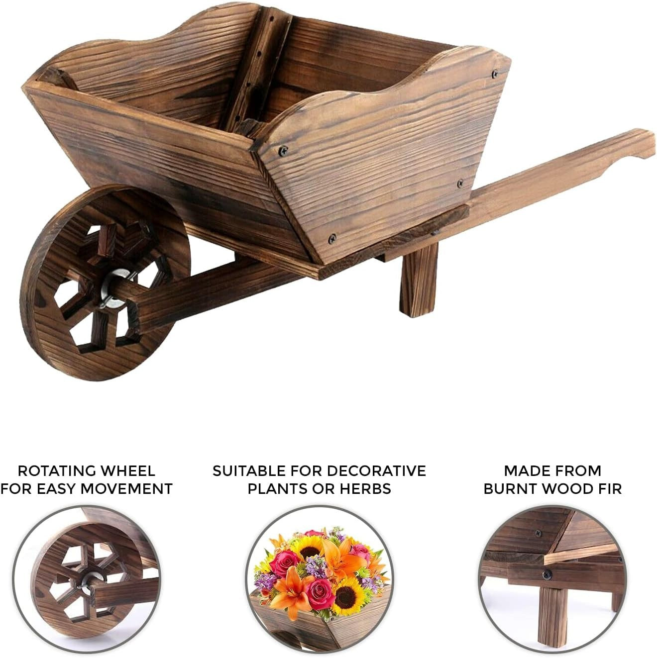 Wooden Wheelbarrow Planter – Rustic Garden Decor w/ Rotating Wheel Heavy Duty