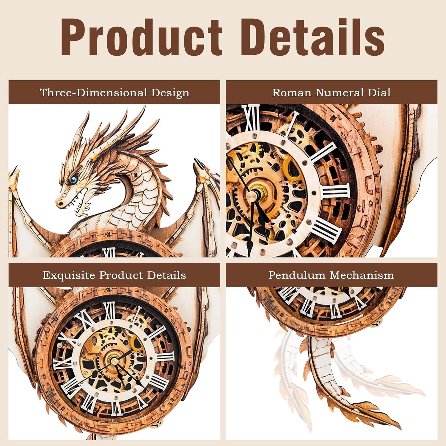 3D Dragon Clock Puzzle Wooden Wall Art Timepiece DIY Decor Gift