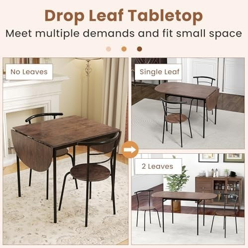 3PCS Folding Dining Table Set Rustic Brown Drop Leaf Chairs Space-Saving