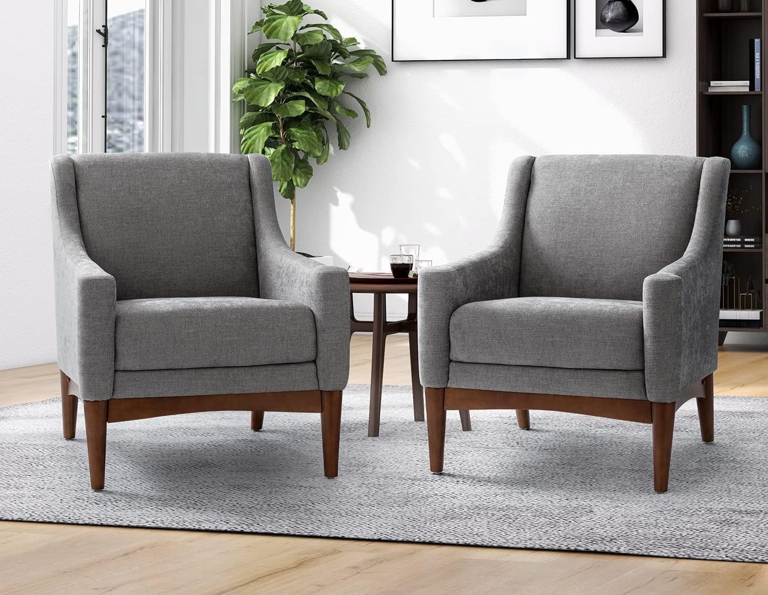 Set of 2 Grey Fabric Accent Chairs Upholstered Armchairs for Living Room.