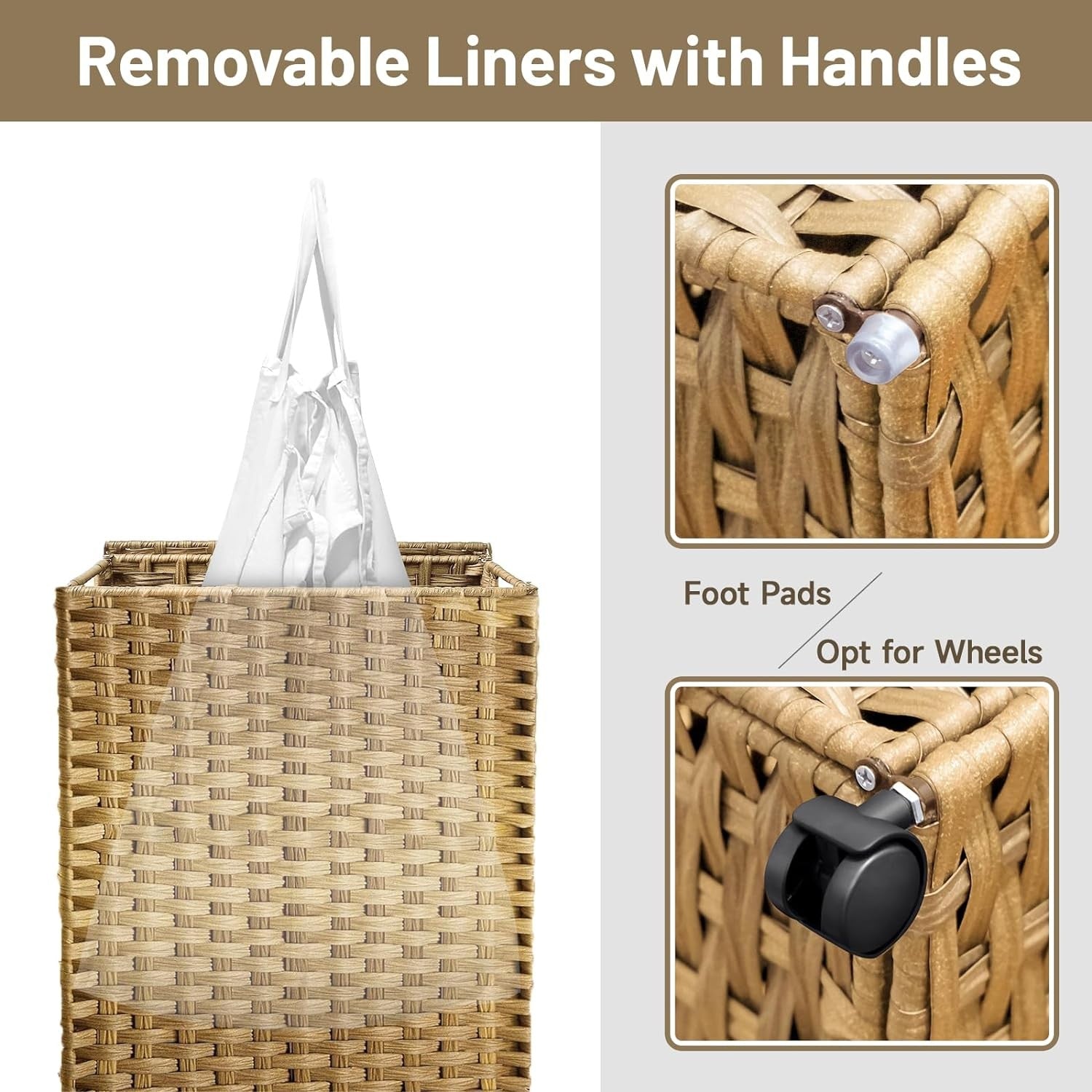 70L Rattan Laundry Hamper with Wheels 2 Removable Bags Slim Bedroom Basket