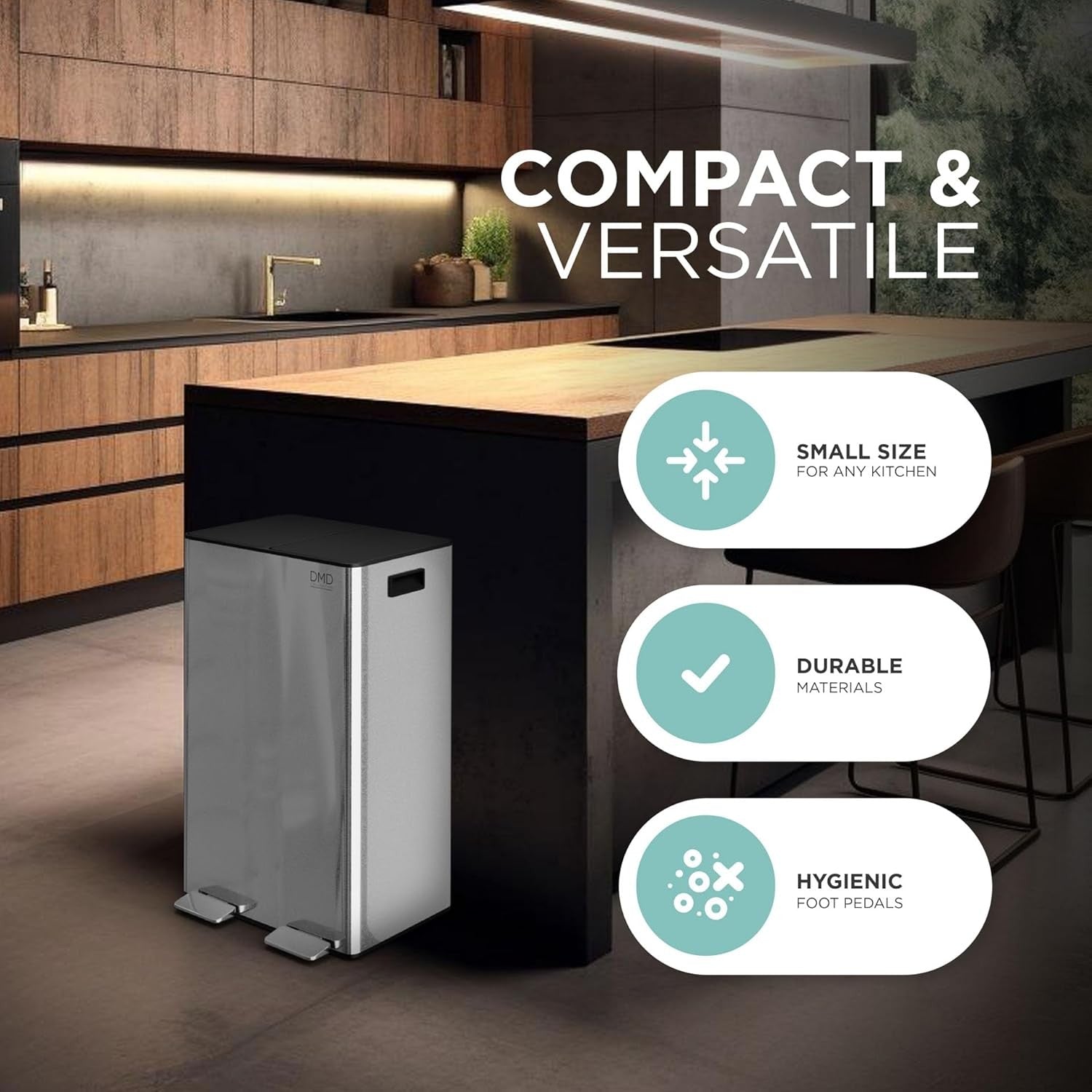 60L Stainless Steel Recycling Bin 2x30L + 3L Compost Pedal