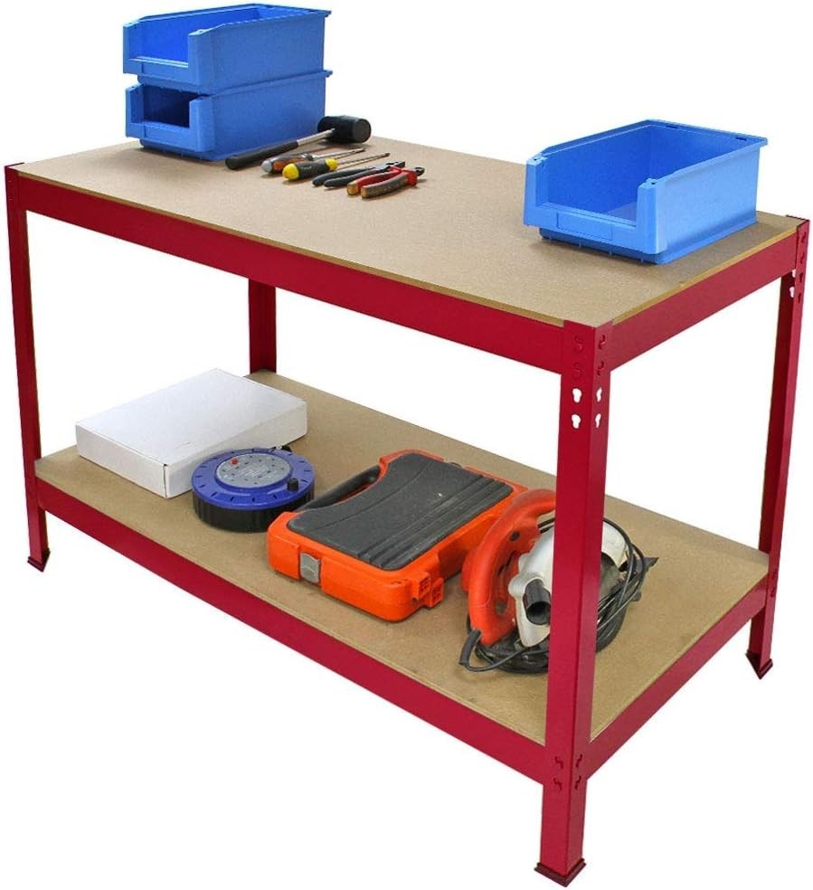 Heavy Duty Garage Workbench 120x60cm Red Steel Frame with 2 MDF Shelves