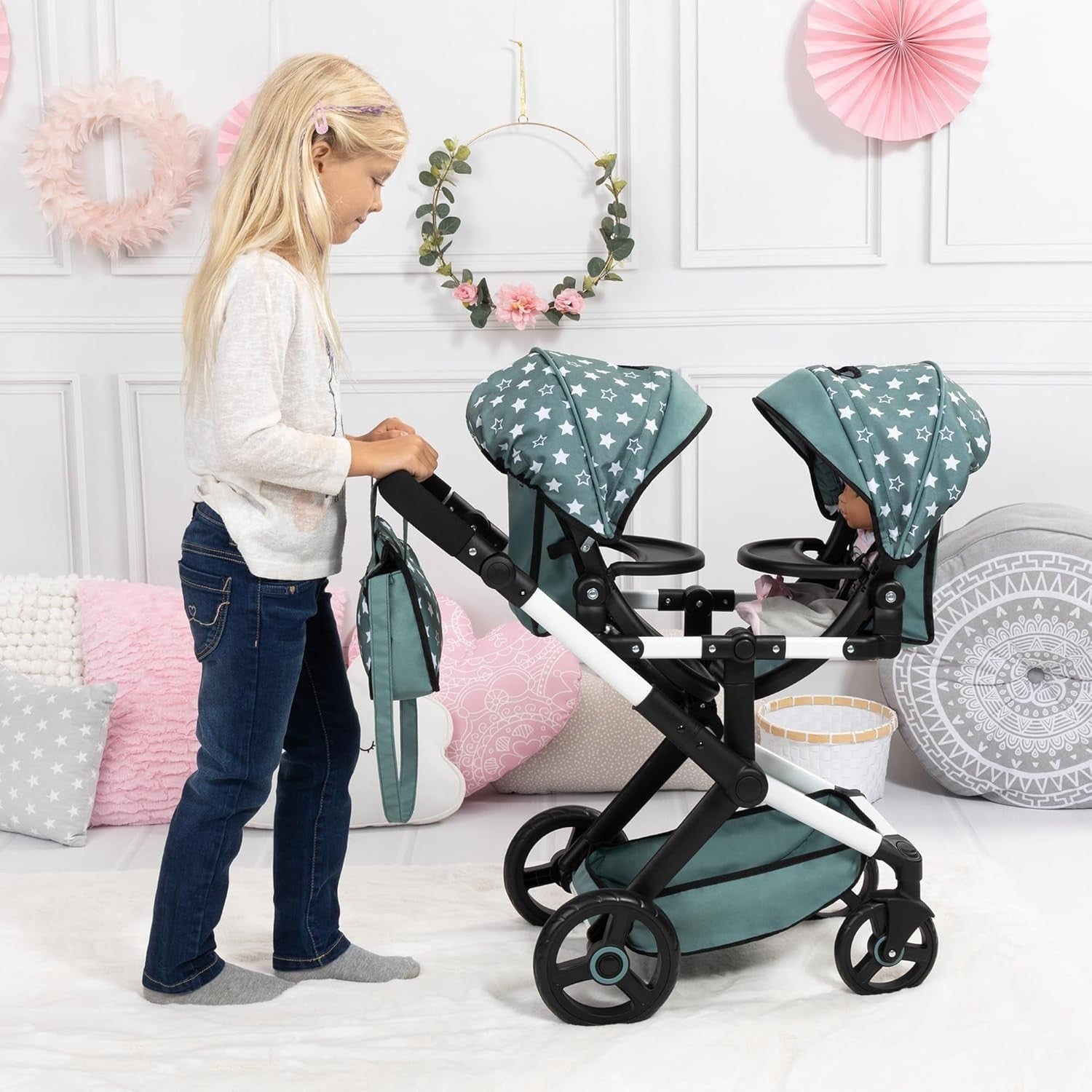 Twin Doll Pram Tandem Stroller Adjustable Reversible Handle Bag Green