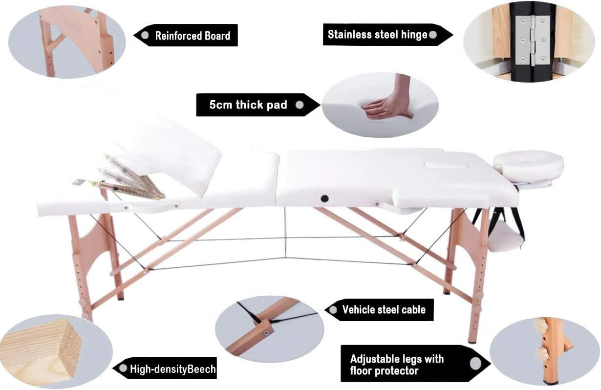 Portable 3 Section Massage Table Foldable Beauty Therapy Bed 60cm Beige White