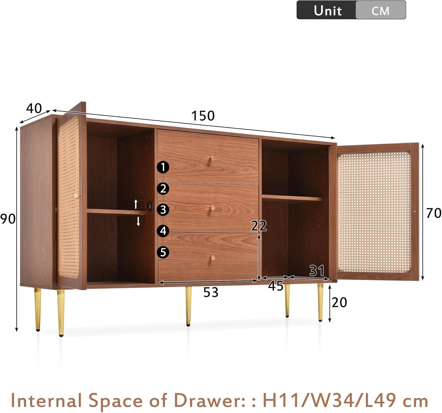 Walnut Rattan Sideboard Cabinet 2 Doors, 3 Drawers & Adjustable Shelf Unit