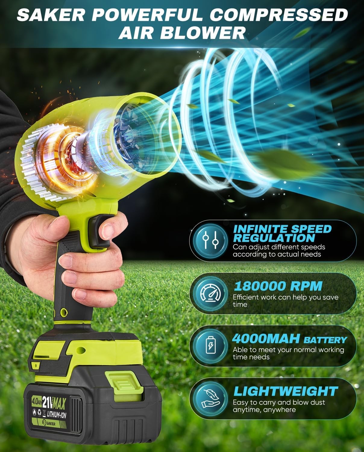 Cordless Leaf Blower 180000RPM Portable Dust Cleaner with 2 Batteries