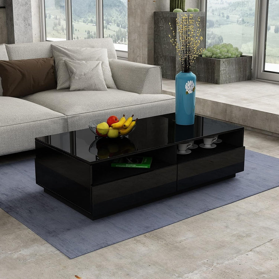 Black Gloss Coffee Table with 4 Drawers Storage Modern 85x55x35cm