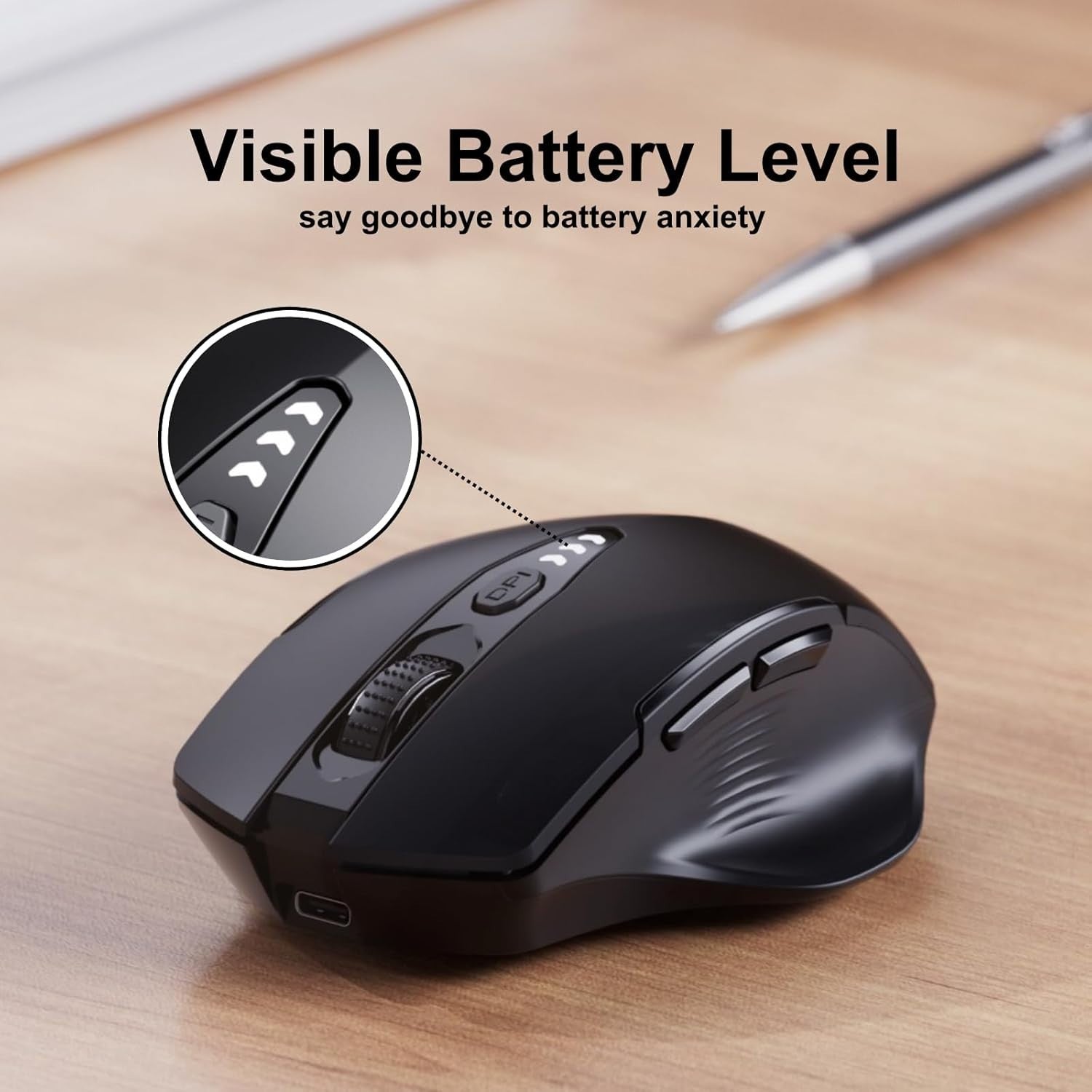 Rechargeable Wireless Mouse Visible Battery Display Adjustable DPI USB Laptop