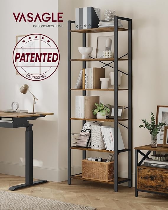 6-Tier Industrial Bookshelf Tall Rustic Brown Metal Wood Storage Unit