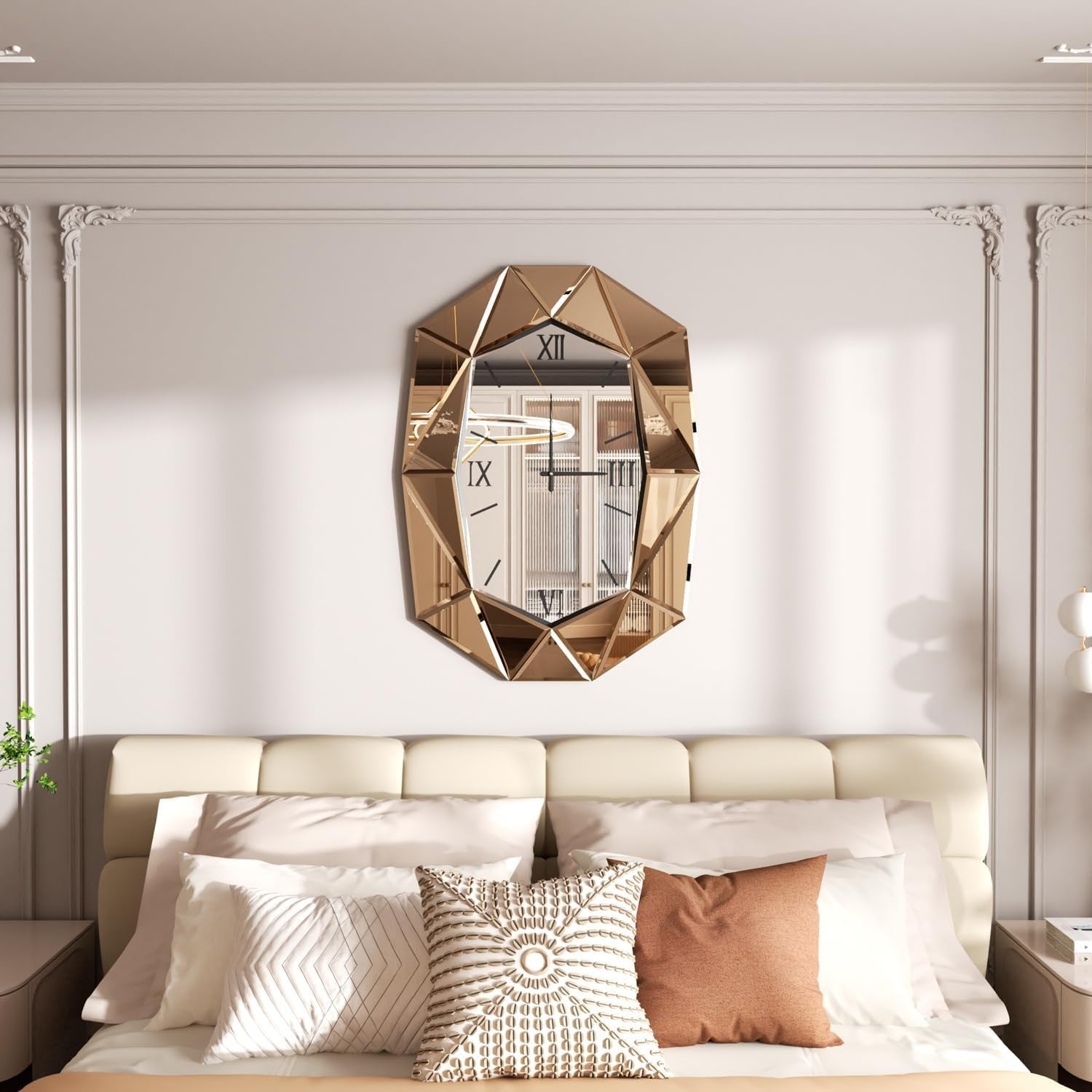 Beveled Glass Wall Clock Mirror with Roman Numerals 100x72cm Luxury Decor