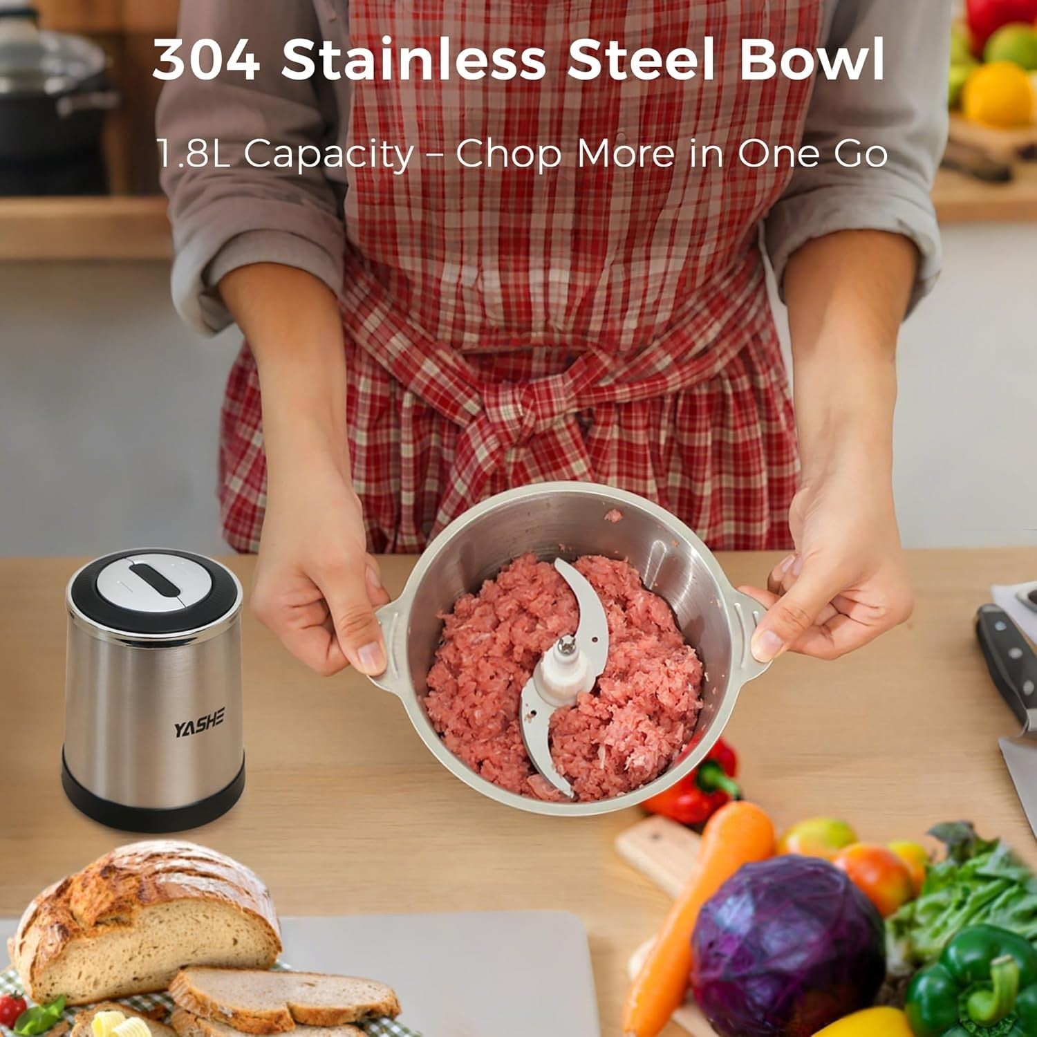 500W Mini Food Chopper 1.8L Stainless Steel Meat Grinder 2 Speed