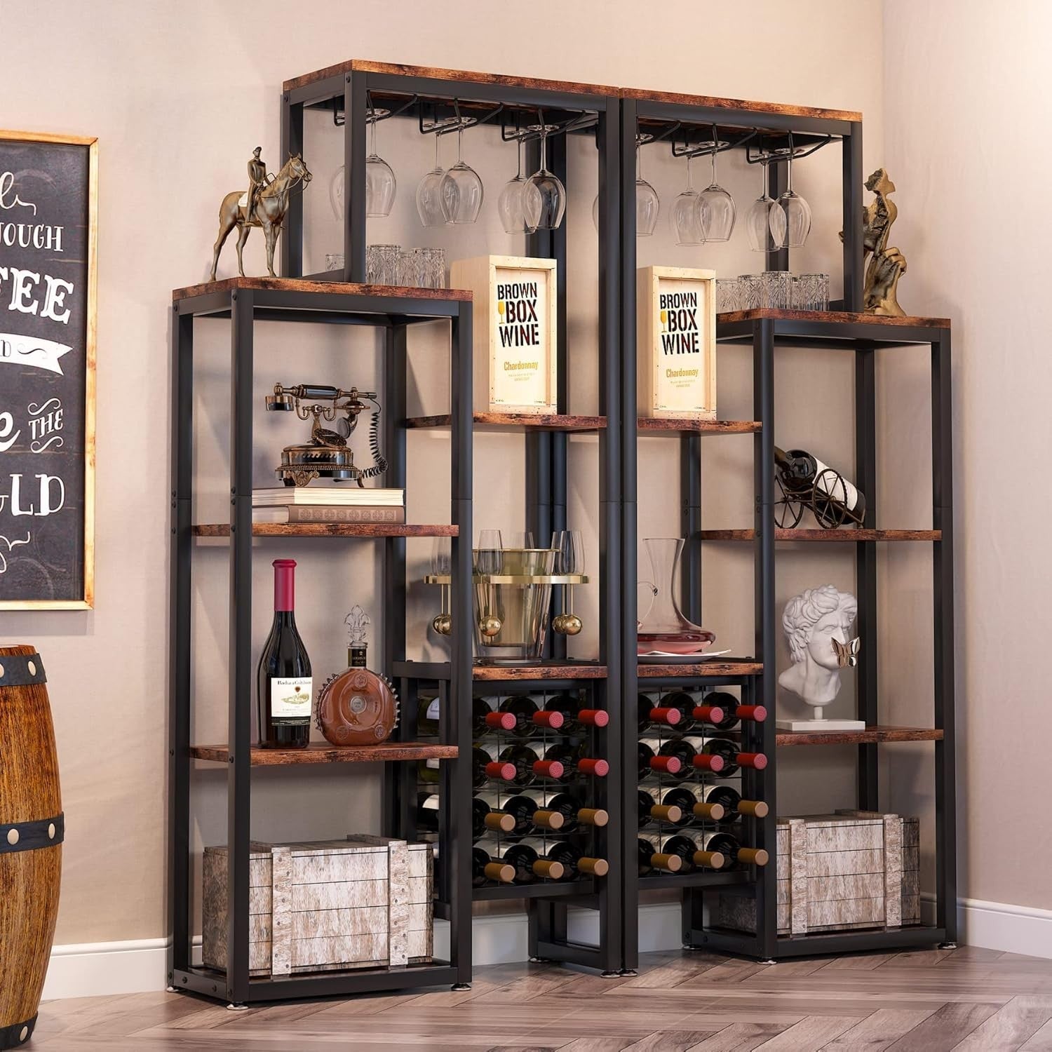 5-Tier Wine Rack Shelf with Glass Holder & Storage, Rustic