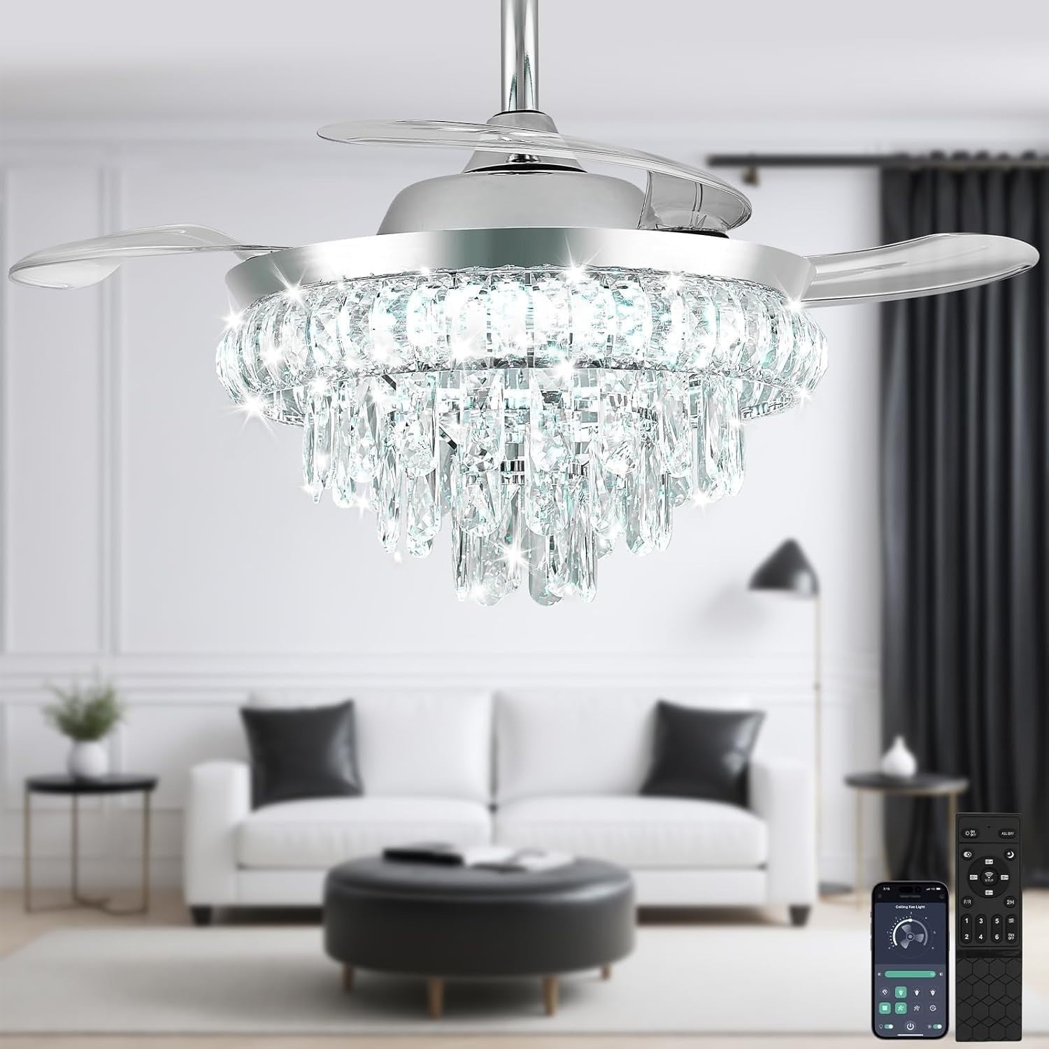 Crystal Ceiling Fan, 6 Speeds, Dimmable LED, Remote, Retractable