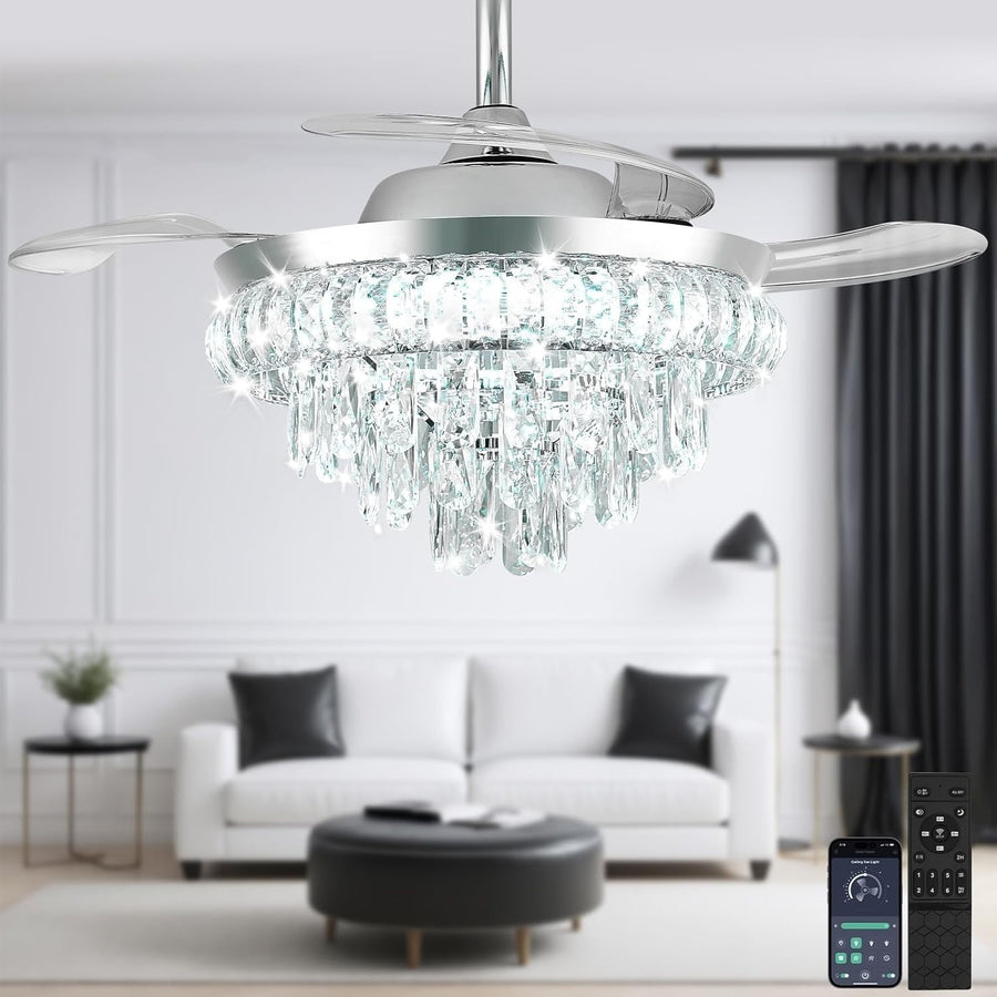 Crystal Ceiling Fan, 6 Speeds, Dimmable LED, Remote, Retractable