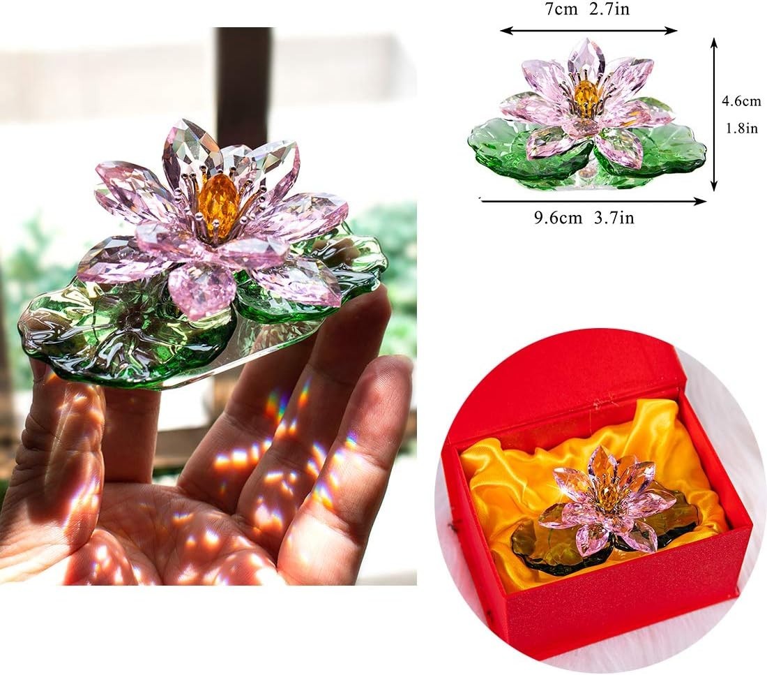 Pink Crystal Lotus Flower Ornament • Feng Shui Glass Decor • Sparkling Gift Box