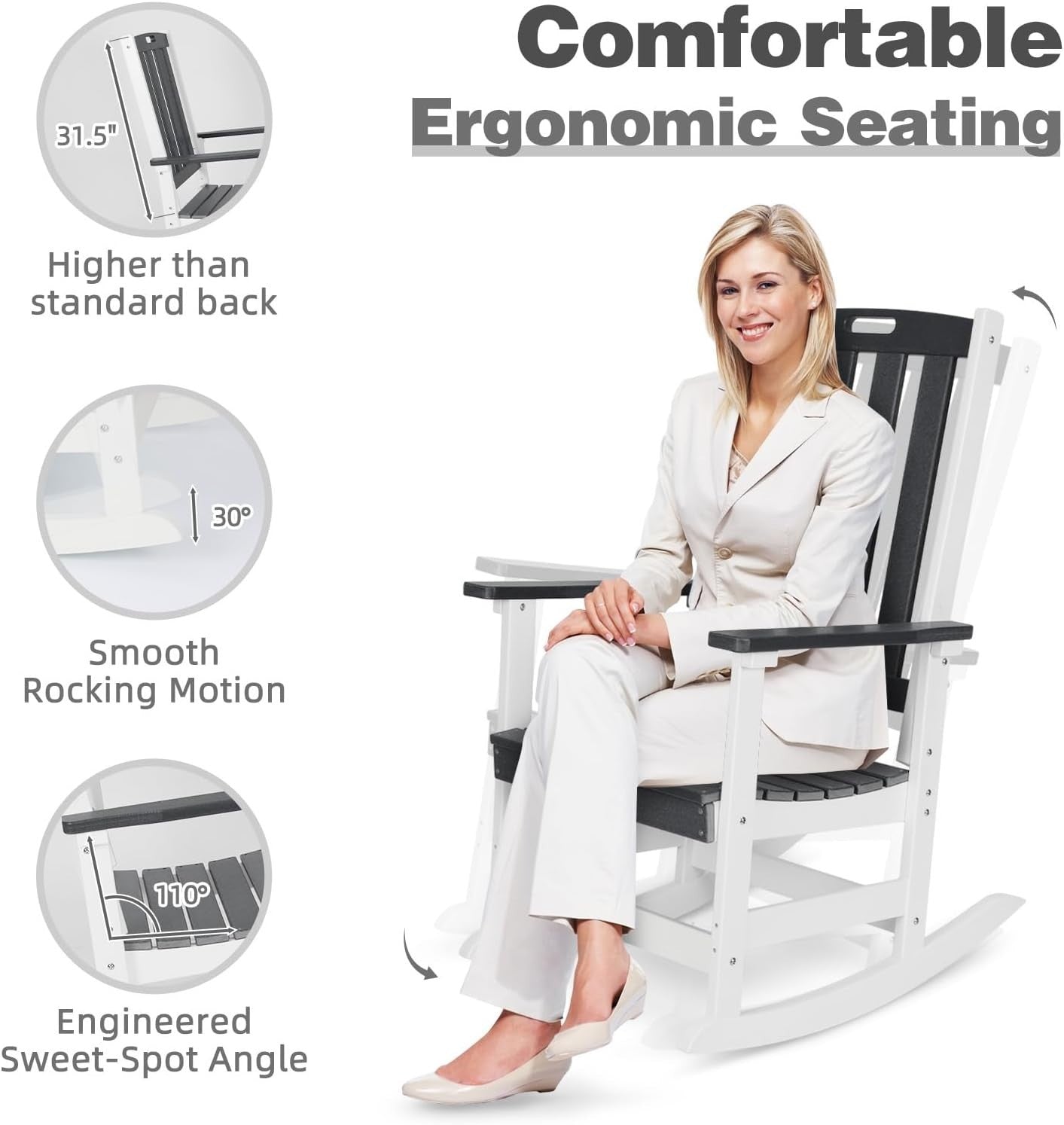 Outdoor Rocking Chair Ergonomic HDPE Patio Porch Rocker Weatherproof 87x70x122cm