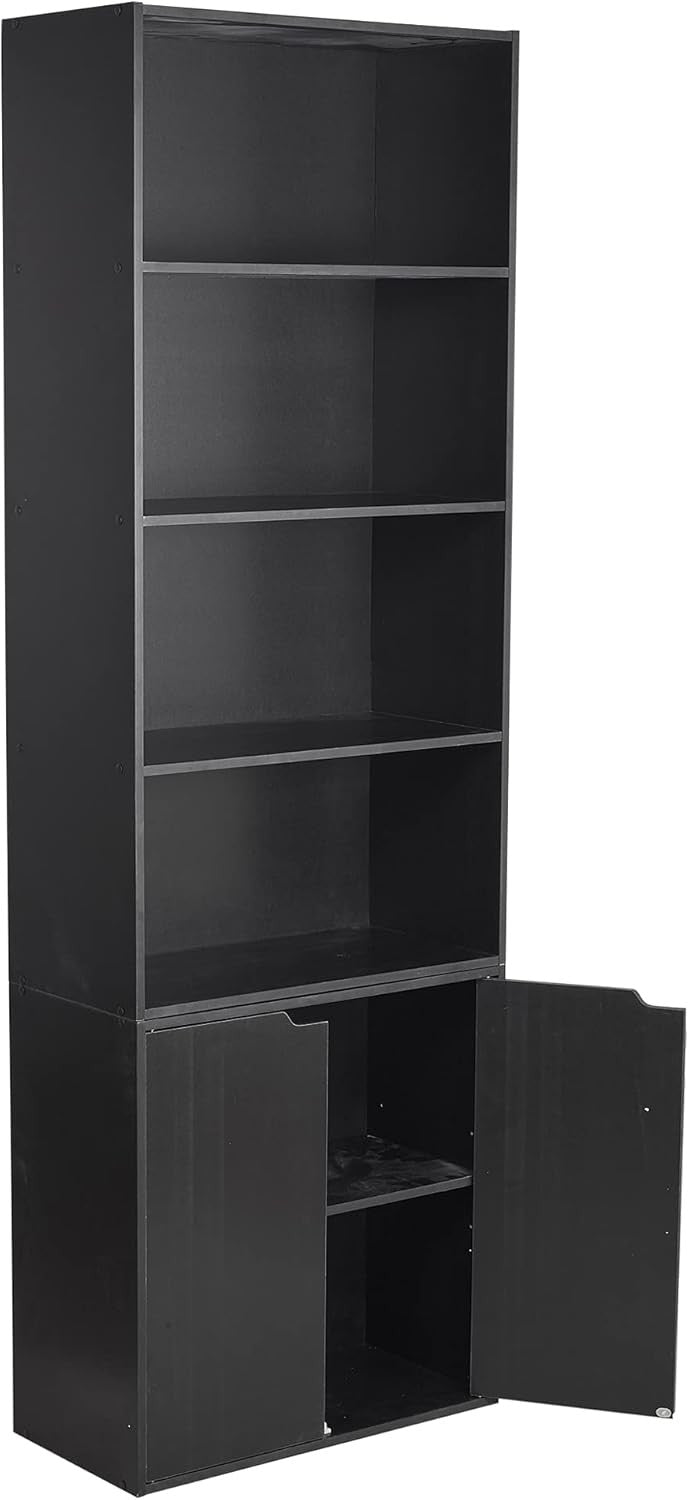 Black 6 Tier Bookcase with Cupboard Modern Storage Shelf 29D x 59W x 180H
