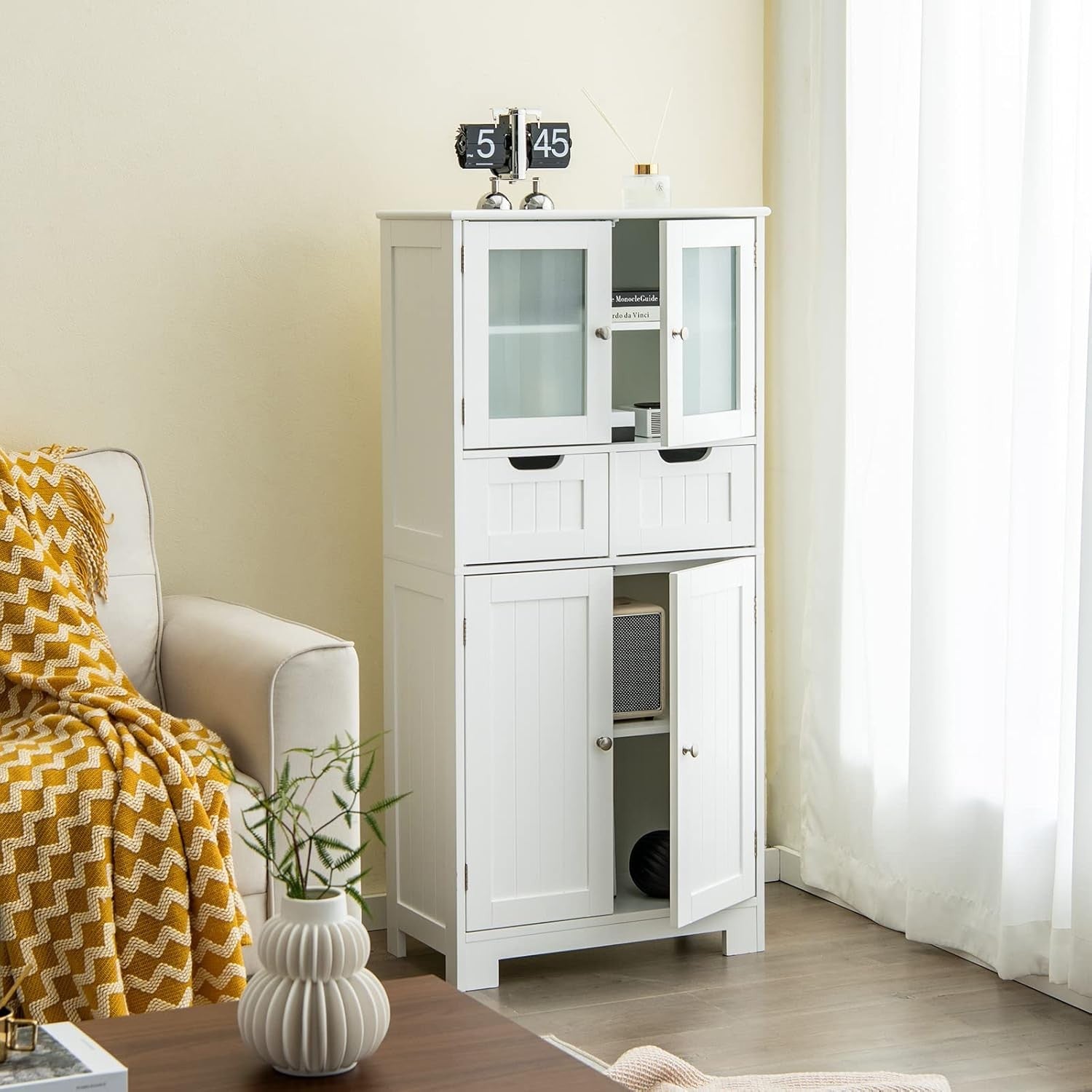 White Freestanding Storage Cabinet with Glass Doors & Drawers Shelves