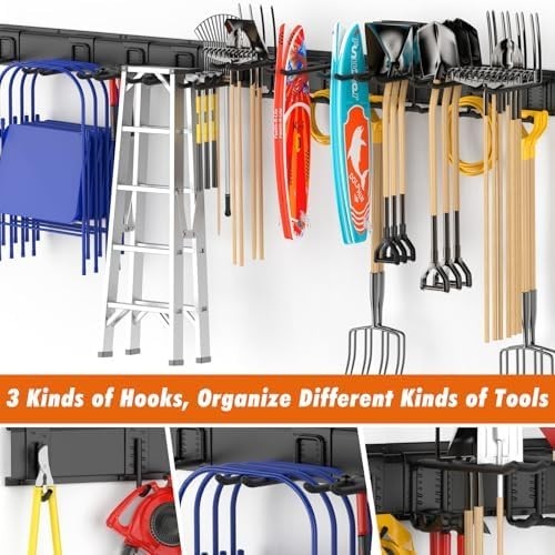 Heavy Duty Wall Mounted Tool Organizer 64 Inch 12 Hooks Black/White