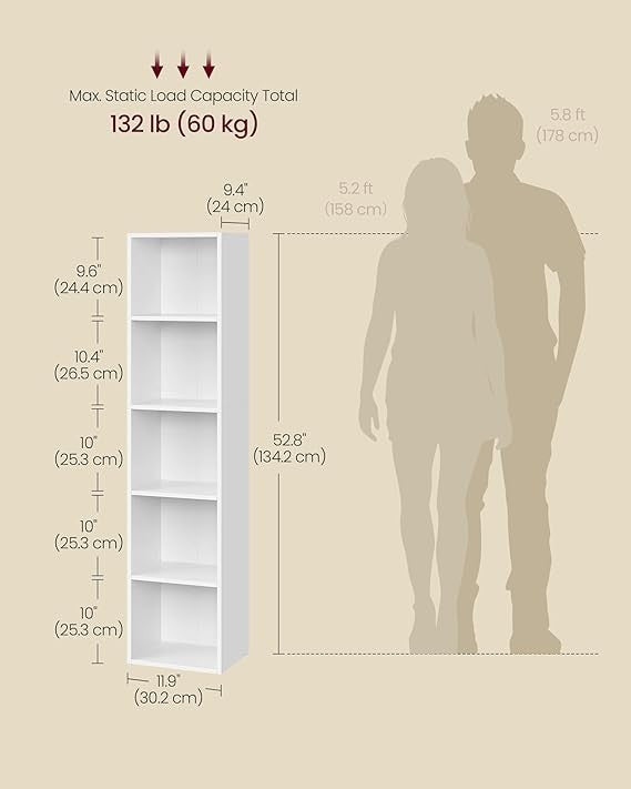 5-Tier White Bookshelf Tall Slim Storage Unit Narrow Shelving for Home Office