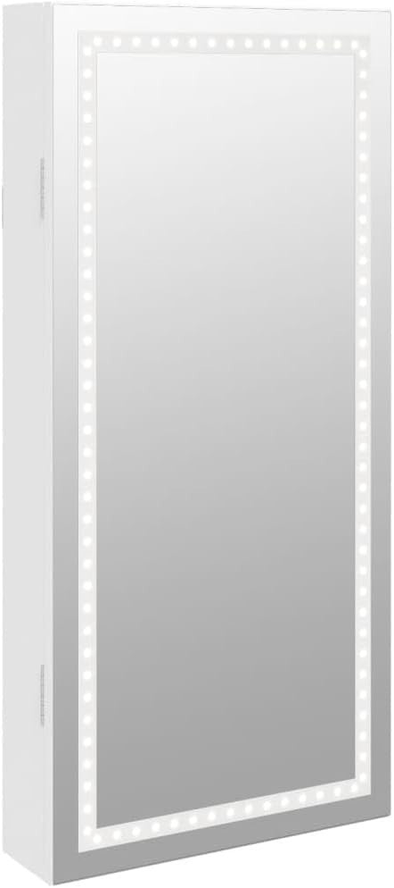 Compact LED Wall Jewelry Cabinet Frameless Mirror Lockable Storage White
