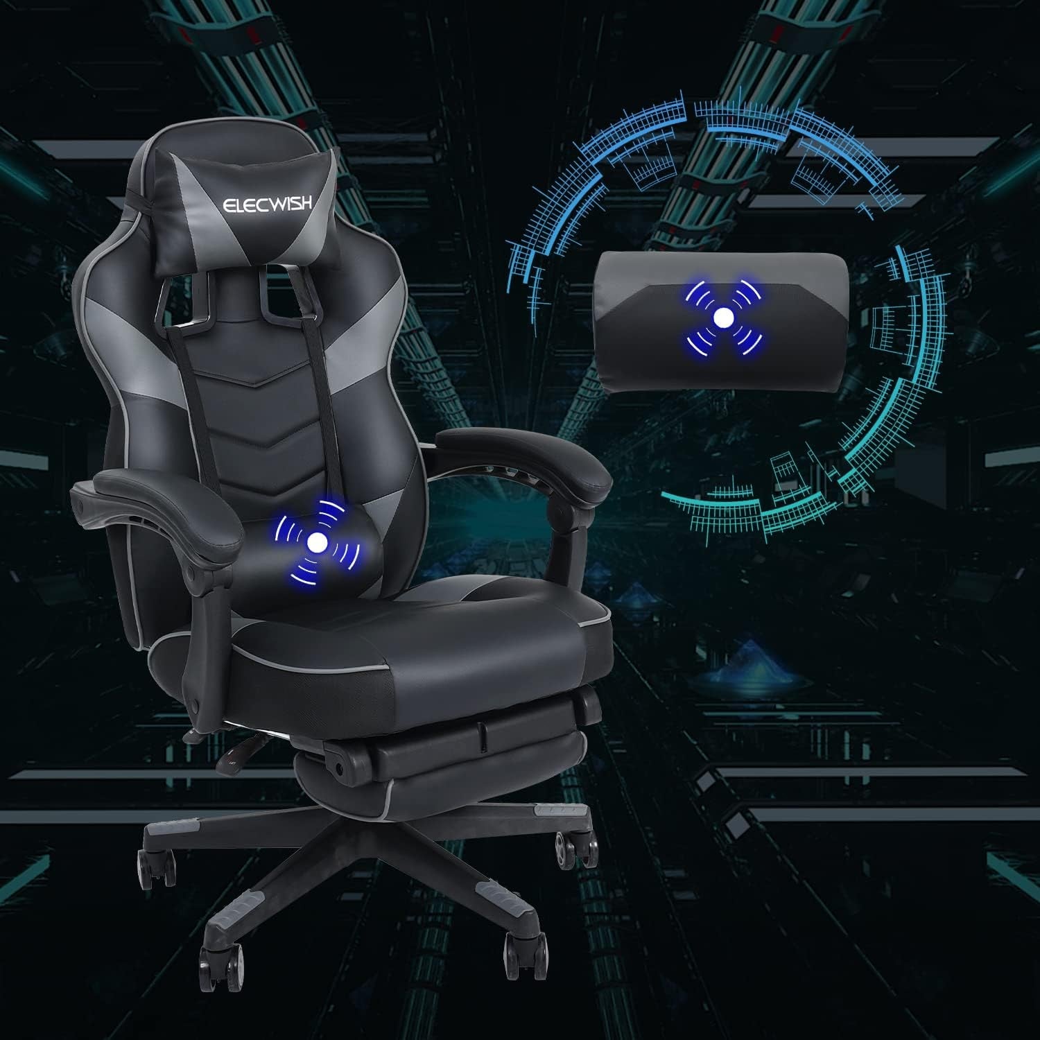 Gaming Chair with Massage & Footrest Reclining Ergonomic Grey