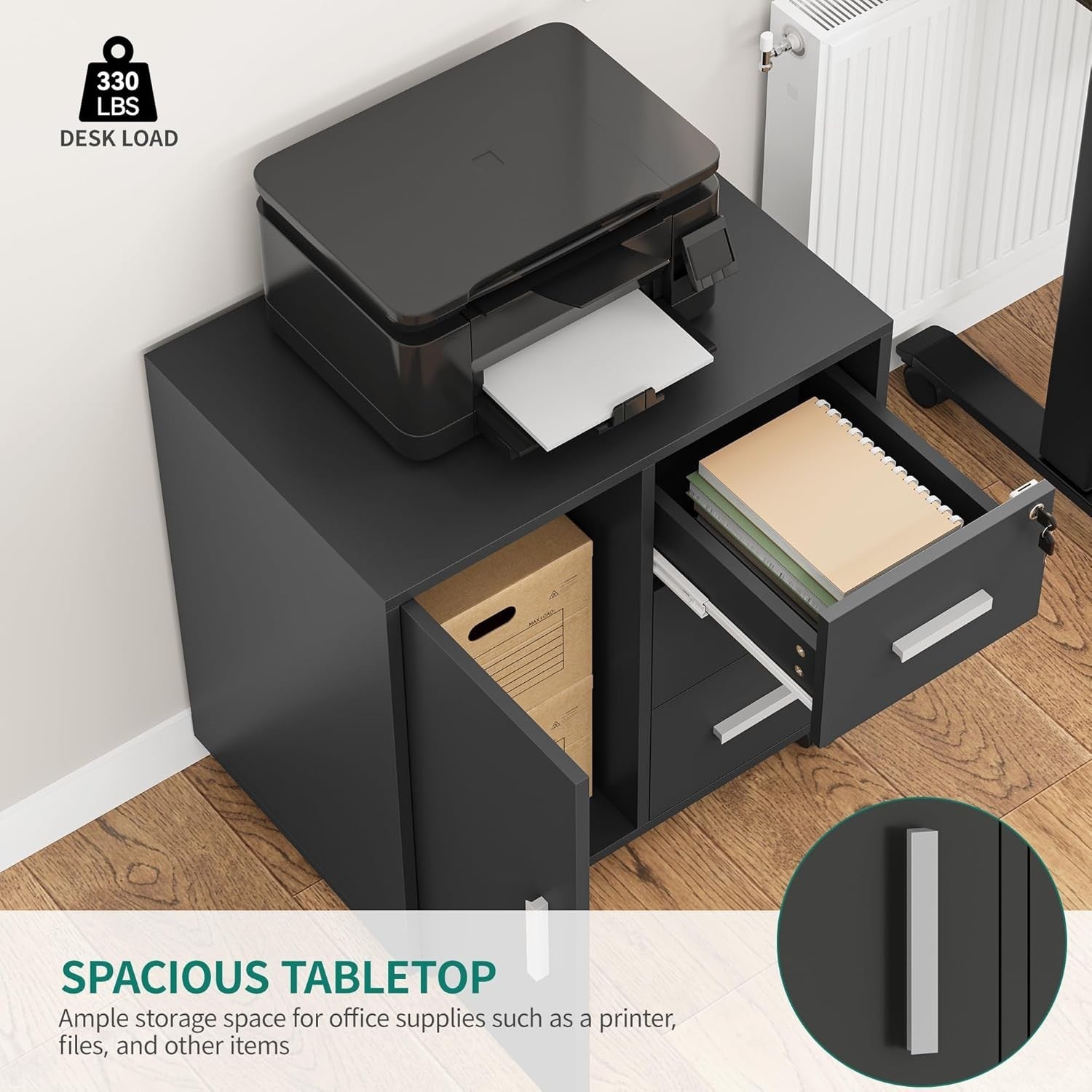 Locking Rolling Office Cabinet 3 Drawer Printer Stand Storage Unit Black
