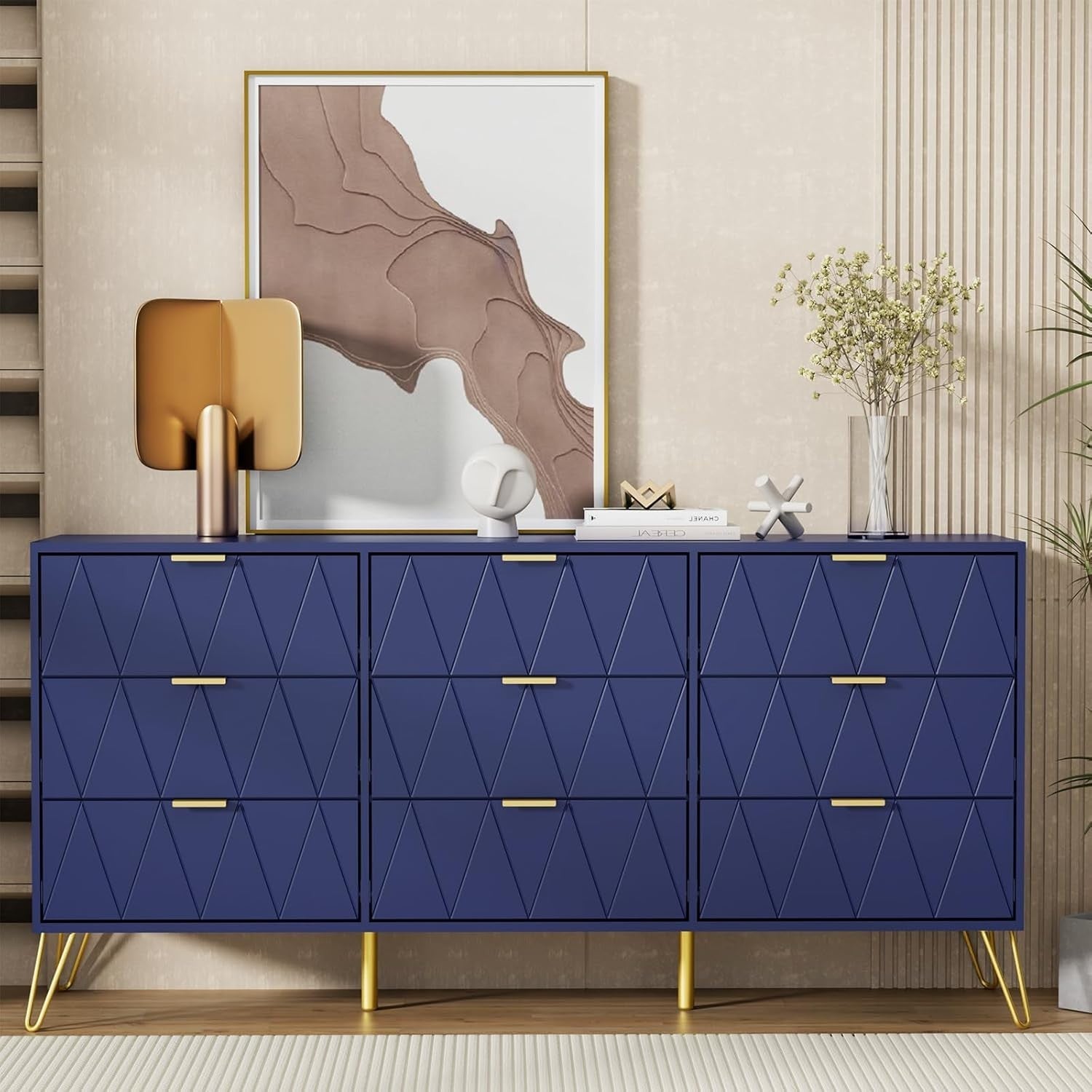 Navy Blue 9 Drawer Chest Wide Storage Cabinet Modern Dresser for Bedroom