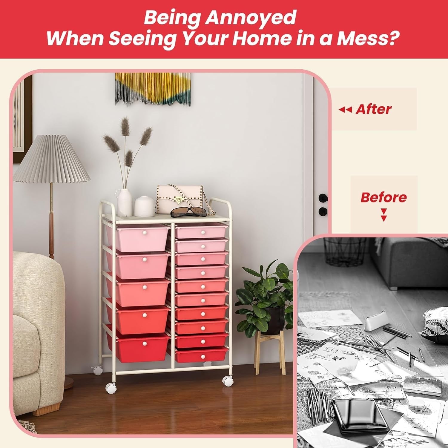 Gradient Pink 15 Drawer Rolling Storage Cart Beauty Craft Organizer
