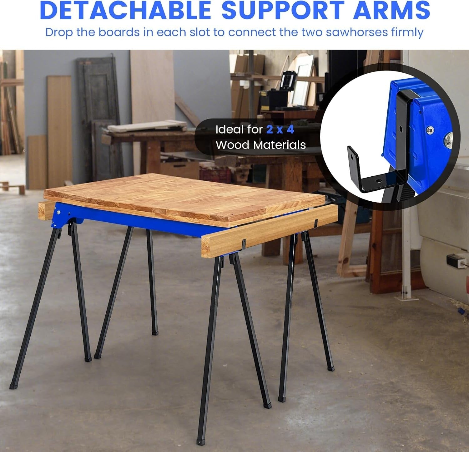 Folding Saw Horses Pair 227kg Each Heavy Duty Steel Trestles w/ Support Arms