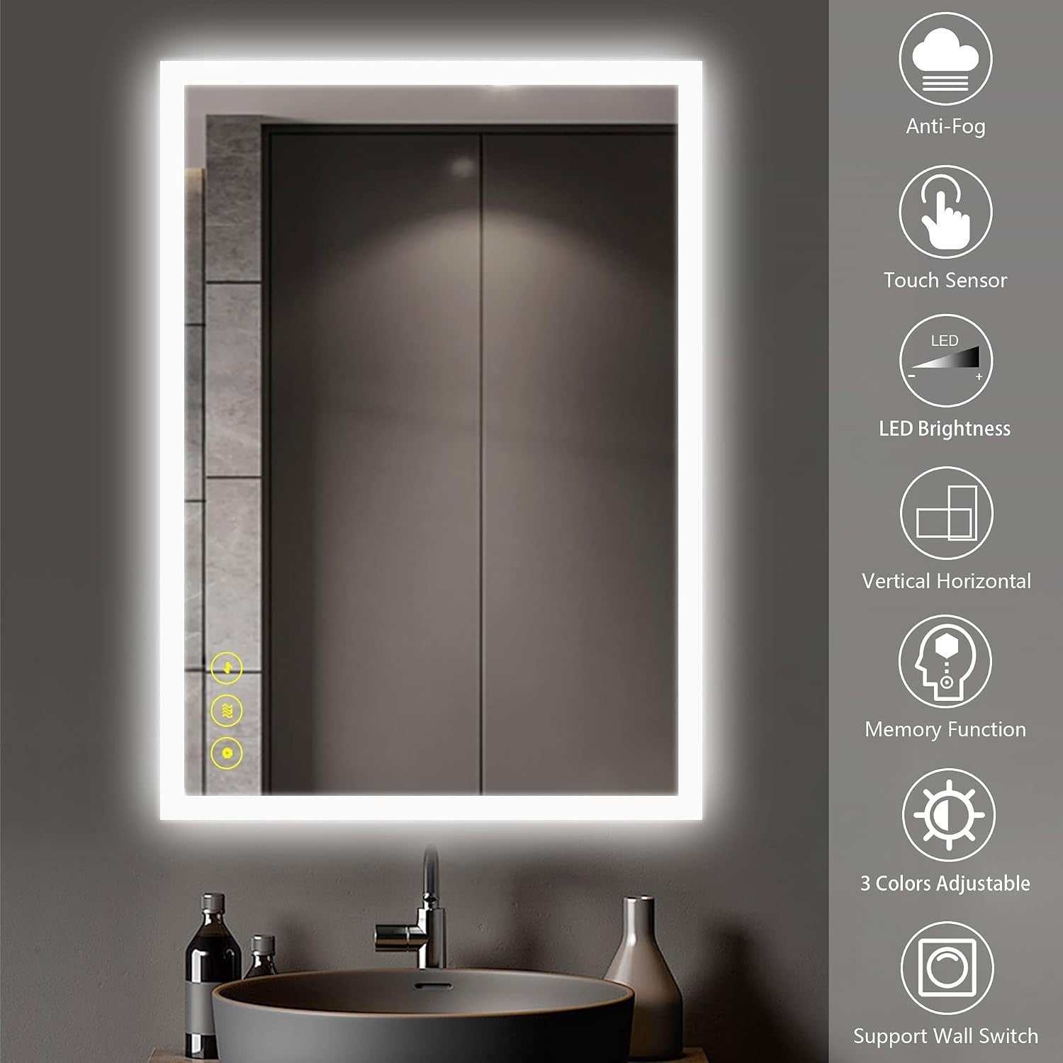 LED Bathroom Mirror 60x80cm Anti-Fog Backlit Wall Mount Dimmable Light