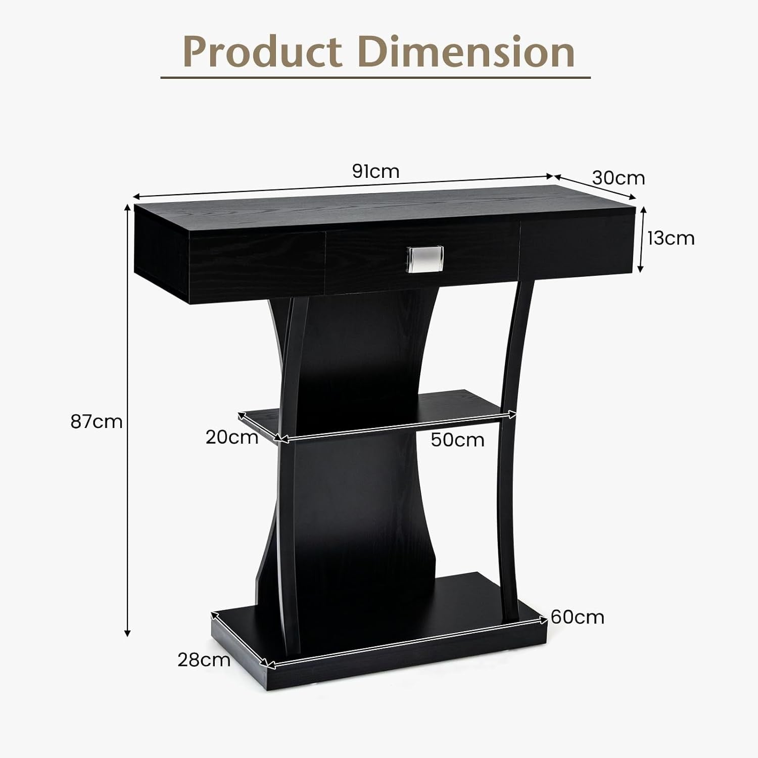 Black T-Shaped Console Table with Drawer & Shelves – Slim Hallway Storage