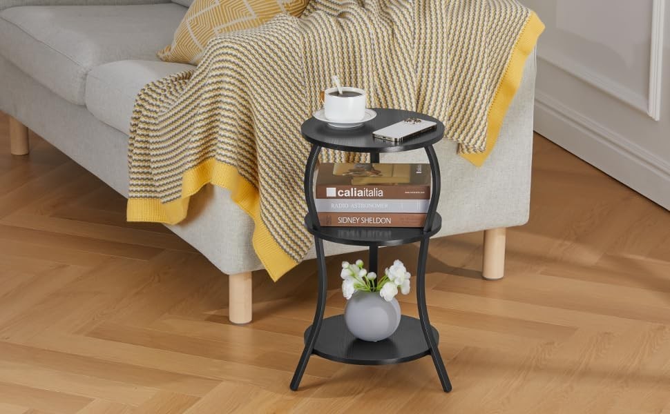 Black 3-Tier Round Side Table 30x30x55 cm | Slim End Table w/ Storage