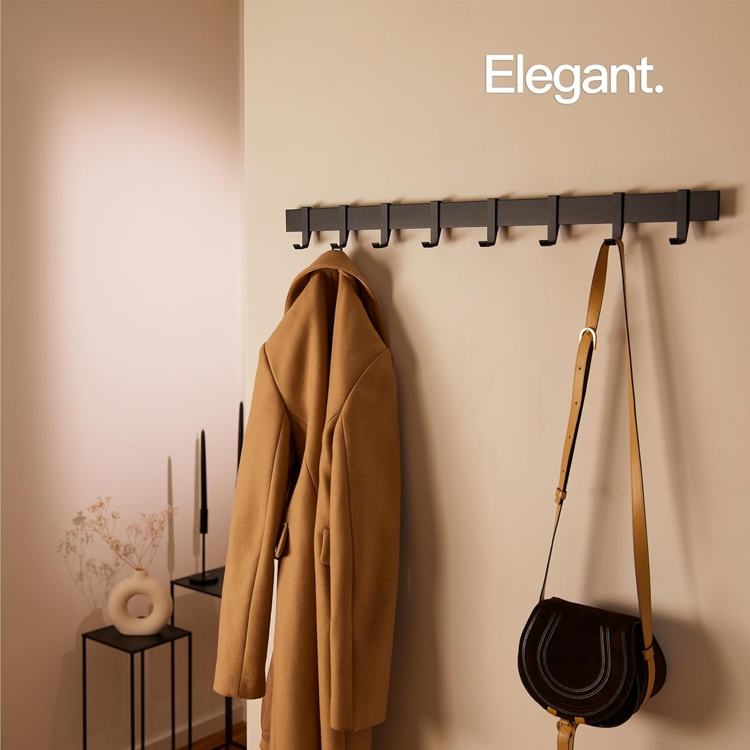 Modern Wall Coat Rack 80cm | Black Metal Rail with 8 Sliding Hooks Matte
