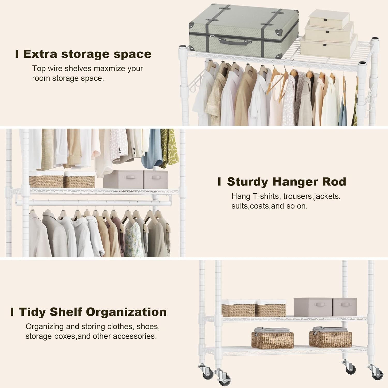 Heavy Duty Clothes Rail with Shelves & Wheels – White 205cm